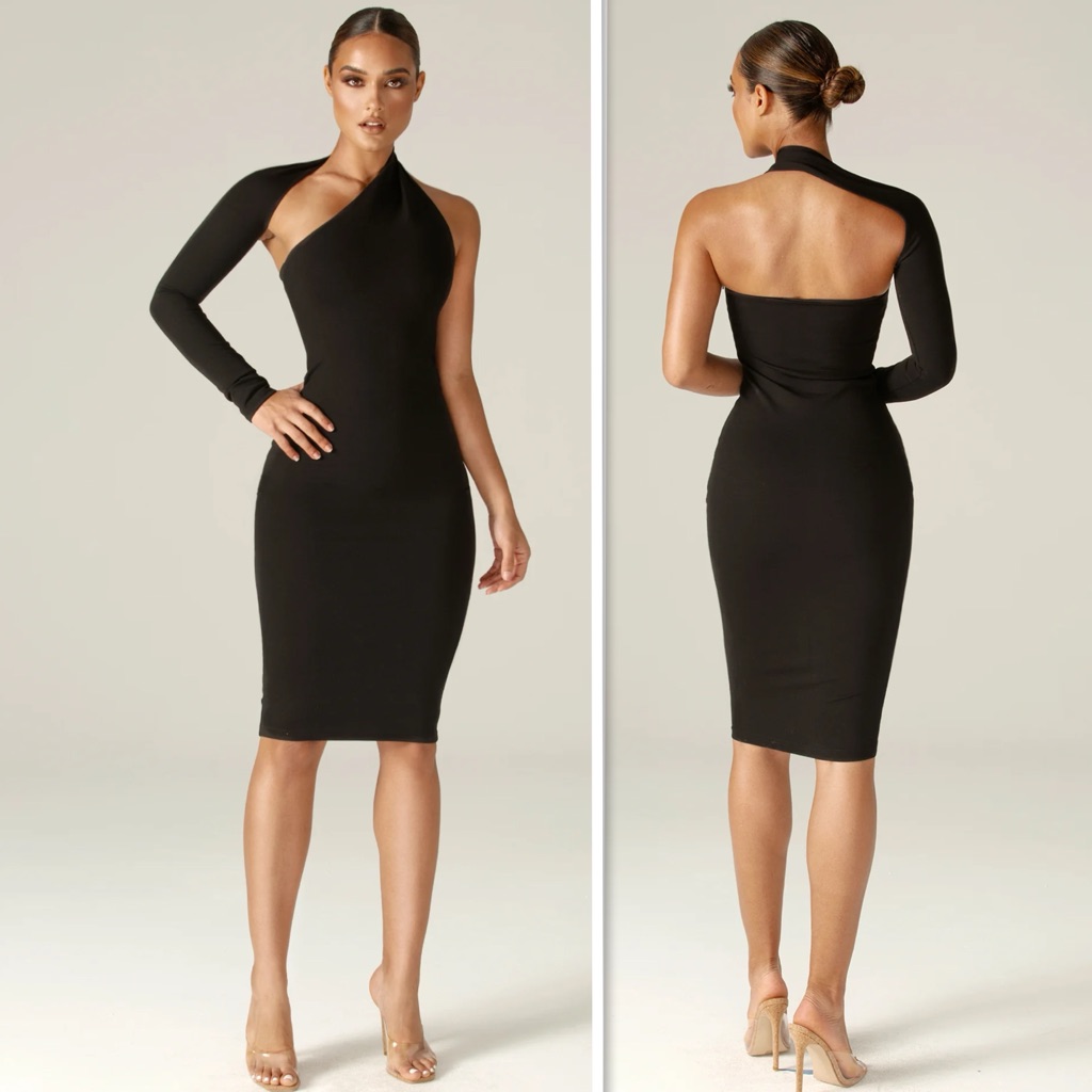 Alieva Dasha Modern Asymmetrical One Sleeve Midi Dress In Black Size Xxl